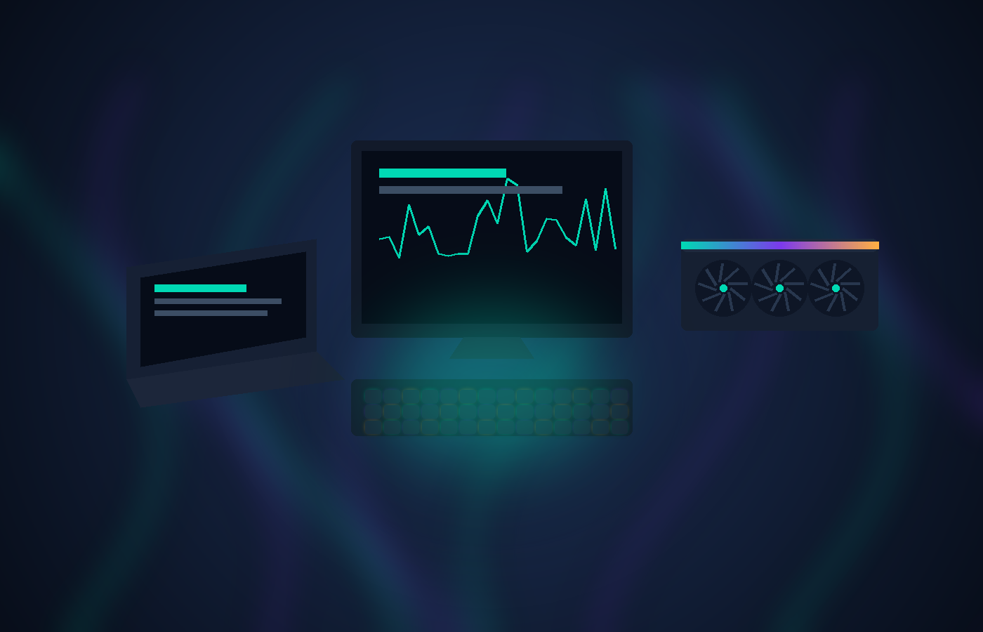 Композиция из компьютерной техники: игровой монитор с графиком, клавиатура с RGB-подсветкой, ноутбук и видеокарта на фоне глубоководной эстетики Кракен